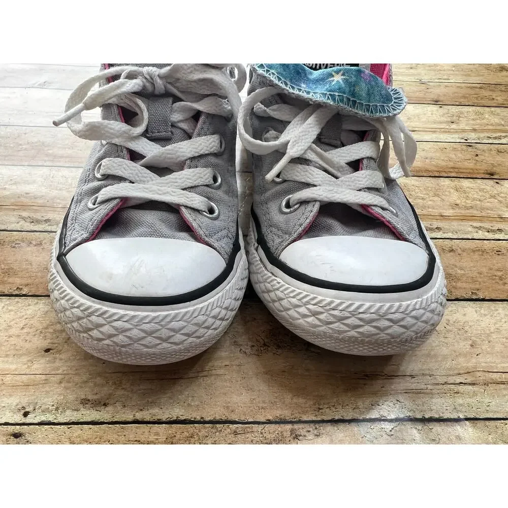 Converse Gray Neon Pink Star Print Double Tongue Girls Size 13